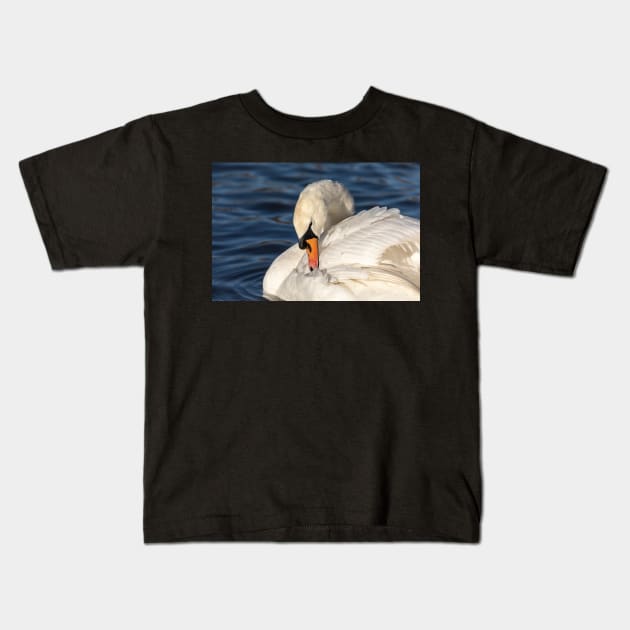 Graceful swan preening Kids T-Shirt by AYatesPhoto